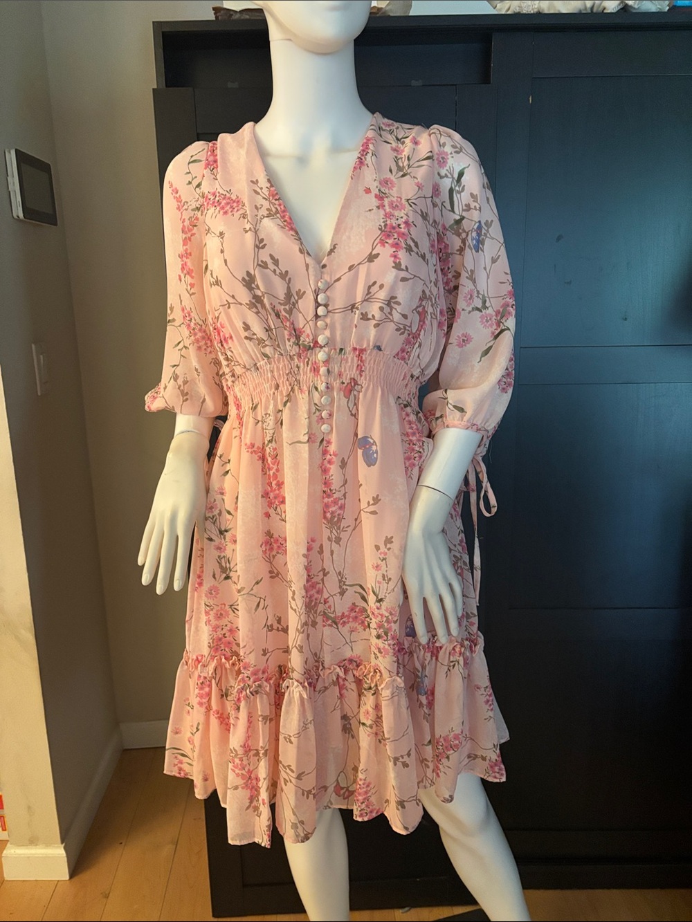 Taylor Pink Floral V-Neck Tiered Midi Dress